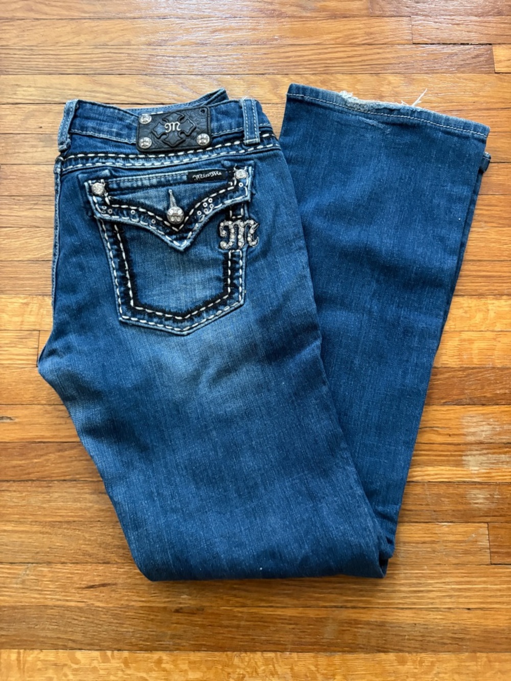 Miss Me Dark Blue Boot Cut Jeans with Embroidered Pocket